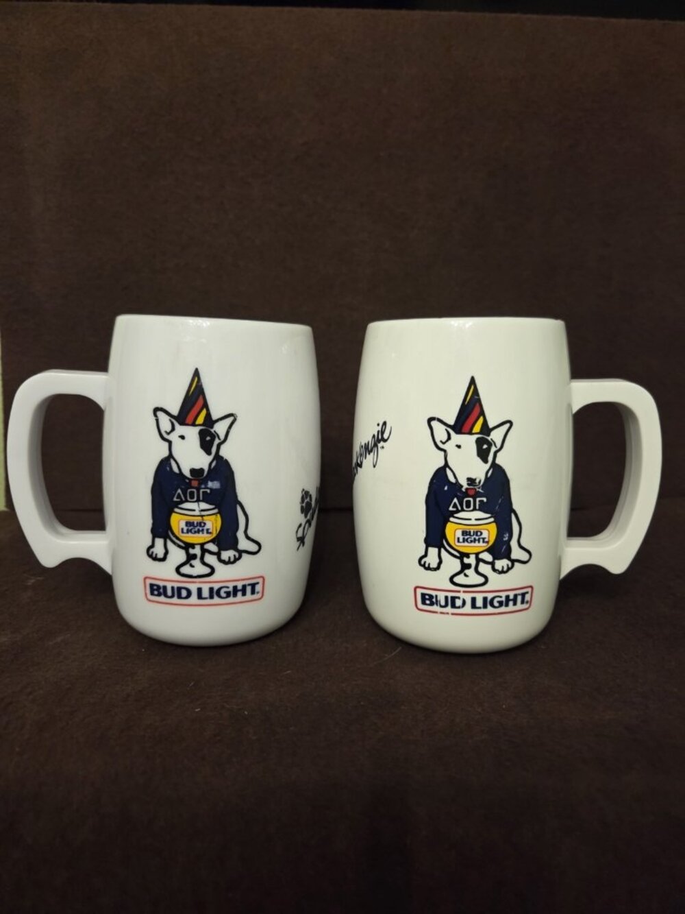 Pair Vintage 80s Spuds MacKenzie Bud Light Beer Mugs 16 OZ Frat Boy Party Busch